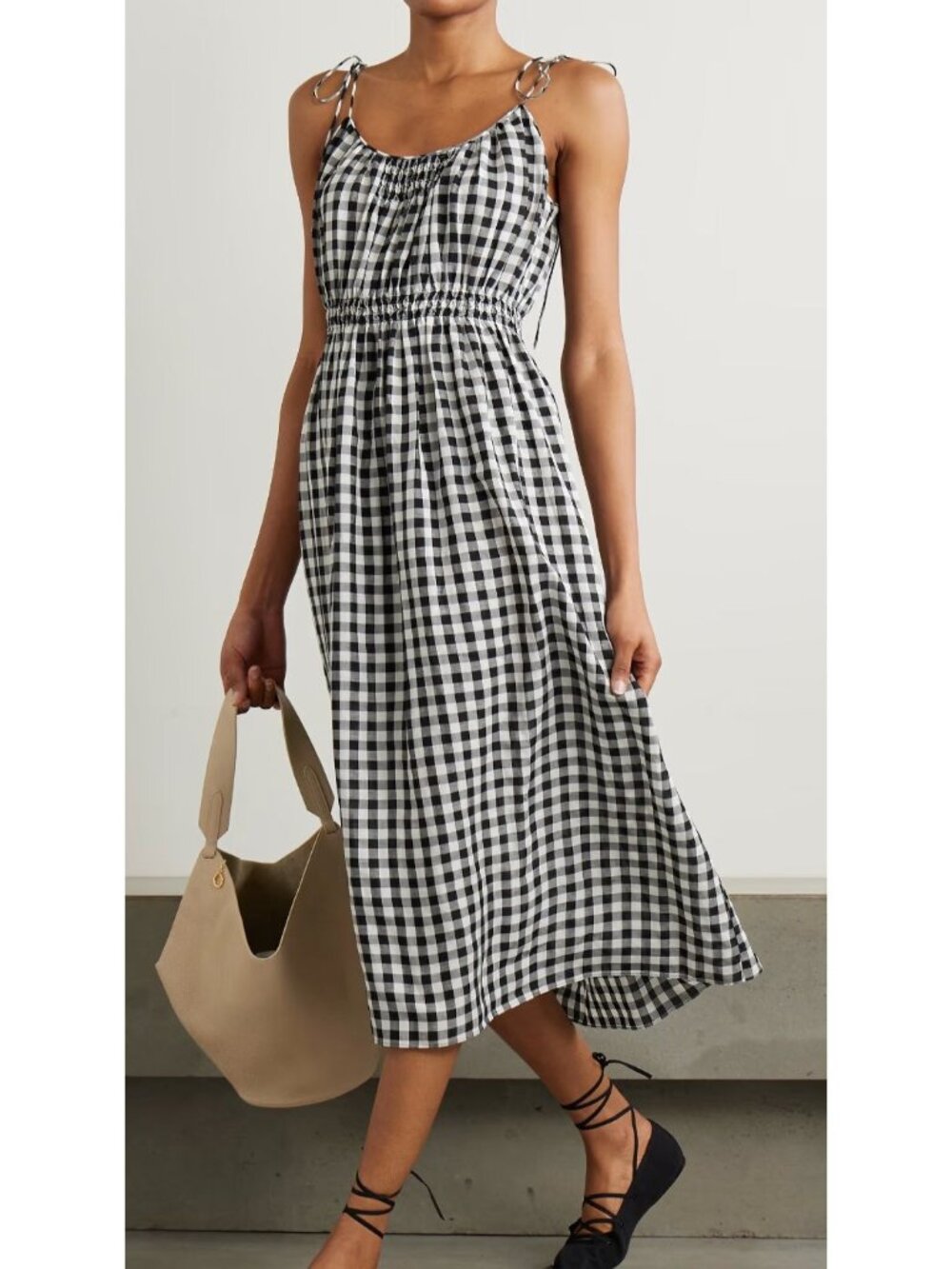 DÔEN DOEN Leslie Gingham Smocked Voile Midi Dress Black White Small